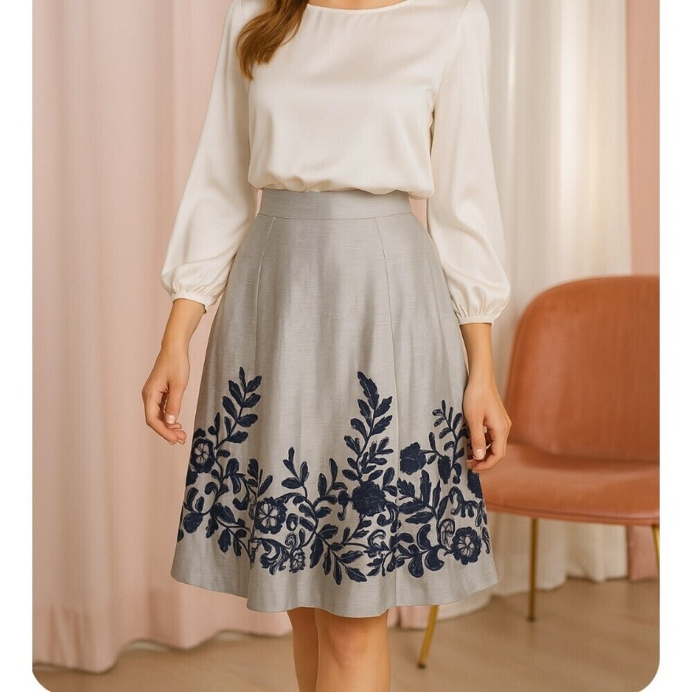 Chico's midi skirt linen silk cotton blend brown embroidered pleated lined SZ 3